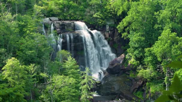 ノースカロライナ州ナンタバラ国立森の緑豊かな森の間の岩盤から明確な水が落ちるホワイトウォーターフォールズ アメリカ合衆国 — ストック動画