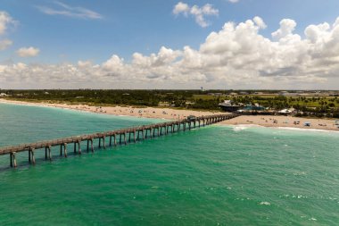 Florida 'daki Venice balıkçı iskelesinde yaz manzarası. Okyanus dalgaları sıcak kumsala çarpıyor..