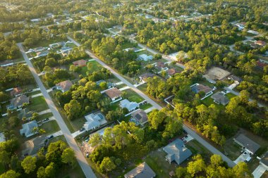 Florida sakin yerleşim bölgesinde yeşil palmiye ağaçları arasında özel evleri olan banliyö manzarası.