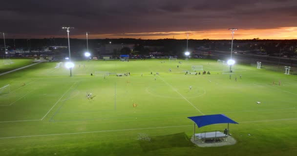夜間の芝生スタジアムでサッカーの試合に従事する子供たちと一緒に公共のスポーツパークの空中ビュー アクティブなライフ コンセプト — ストック動画