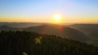 Parlak batan güneşle aydınlanan karanlık çam ormanı. Vahşi dağlarda renkli günbatımının havadan görünüşü. Güzel doğa manzarası.