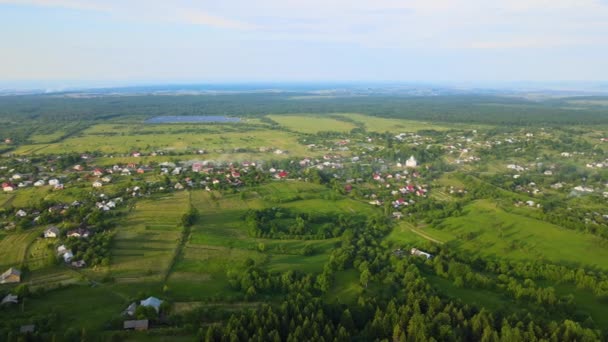 農作物を栽培する村の家屋と遠い緑栽培農場の空中風景 — ストック動画