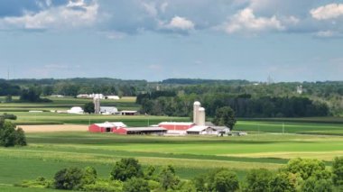 Ortabatı ABD 'de siloları olan Amerikan kırsal çiftliği. ABD 'de tarım manzarası.