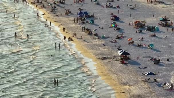 米国サラソータのシースタキービーチ 暖かいメキシコ湾の水で泳ぎ フロリダの暑い日差しで日光浴を楽しむ多くの観光客 — ストック動画