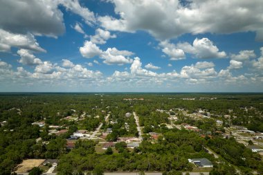 Florida 'nın sakin kırsal kesimindeki yeşil palmiye ağaçları arasındaki banliyö özel evlerinin hava manzarası.