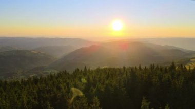 İnanılmaz bir dağ manzarası. Sarı batan güneşle aydınlatılmış koyu ladin ormanları. Vahşi ulusal park dağlarında parlak renkli gün batımı.