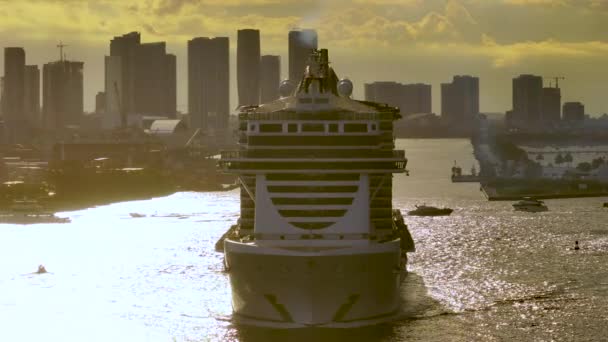 Stora Passagerarfartyg Kryssningsfartyg Avgår Vid Huvudkanalen Miami Hamn Nära South — Stockvideo