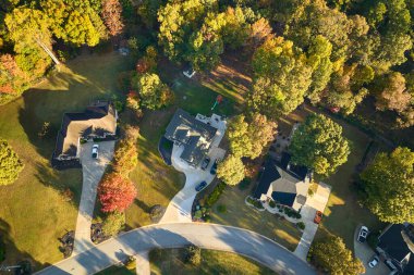 Sonbahar mevsiminde Güney Carolina banliyölerindeki sarı ağaçlar arasındaki yeni aile evlerinin havadan görünüşü. Amerikan banliyölerinde gayrimenkul geliştirme.