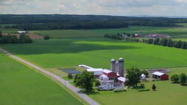 Birleşik Devletler 'de tarım arazisi. Ortabatı ABD 'de siloları olan Amerikan kırsal çiftliği..