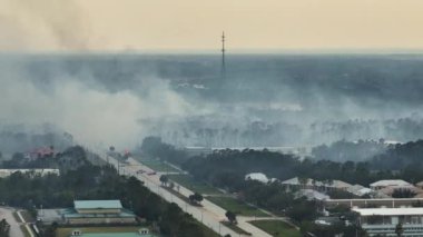 Florida ormanlarında yangın söndüren itfaiye araçları. İtfaiye araçları ormanda yangın çıkarmaya çalışıyor. Zehirli duman kirletici atmosfer.