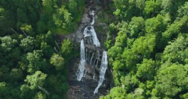 Whitewater Şelalesi 'nin kayalık kayalardan dökülen temiz sularıyla Nantahala Ulusal Ormanı, Kuzey Carolina, ABD' deki yeşil yemyeşil ağaçlar arasında..