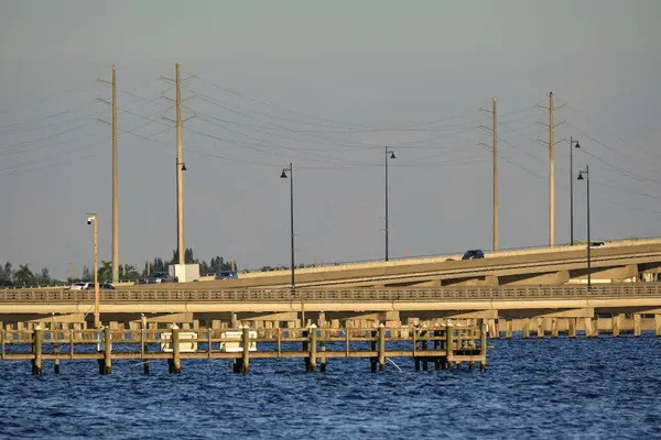 stock image Barron Collier Bridge and Gilchrist Bridge in Florida with moving traffic. Transportation infrastructure in Charlotte County connecting Punta Gorda and Port Charlotte over Peace River.