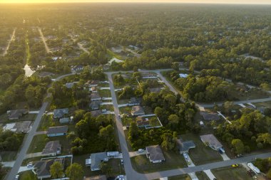 Aerial view of suburban landscape with private homes between green palm trees in Florida quiet residential area.