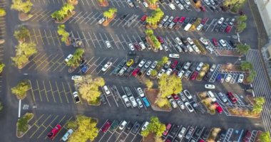 Park yeri ve park yerleri için çizgileri ve işaretleri olan bir sürü park edilmiş araba var. Alışveriş merkezinin önünde araçlar için yer.