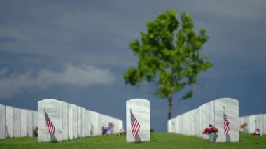 Yeşil çimlerin üzerinde beyaz mezar taşları olan Amerikan ulusal mezarlığı. Anma Günü konsepti.