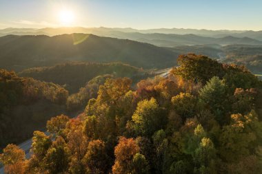 Günbatımında Appalachian dağlarındaki sonbahar ormanı aydınlık yemyeşil ve çam ağaçları ile aydınlanır. Güzel doğanın sonbahar manzarası.