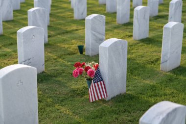 Amerikan ordusu Sarasota Ulusal Mezarlığı 'nda beyaz mezar taşları, Amerikan bayrakları ve çiçekleri var. Anma Günü konsepti.