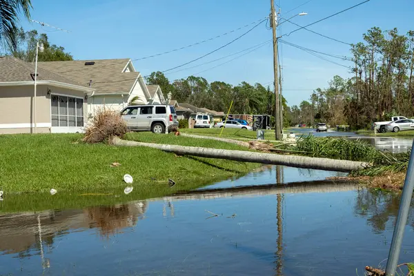 stock image Hurricane flooded street in Florida residential area. Consequences of natural disaster.