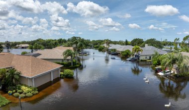 Debby Kasırgası Sarasota, Florida 'daki Laurel Meadows bölgesinde evleri ve arabaları sular altında bıraktı. Doğal afetten sonra.