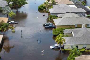 Debby kasırgası Florida 'nın Sarasota kentindeki konut ve arabaları sular altında bıraktı. Doğal afetten sonra.