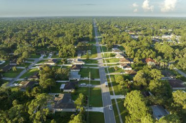 Aerial view of american small town in Florida with private homes between green palm trees and suburban streets in quiet residential area.