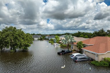 Sarasota, Florida 'daki Laurel Meadows bölgesinde Debby Kasırgası' ndan evleri ve arabaları sel basmış. ABD 'nin güneyindeki doğal afet sonrası.