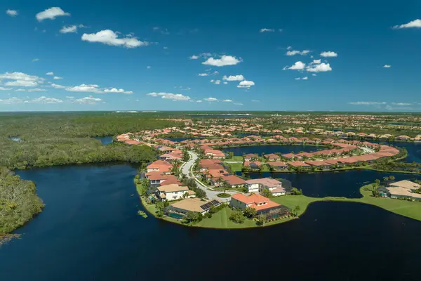 stock image Surrounded by hurricane Ian rainfall flood waters homes in Florida residential area. Aftermath of natural disaster.