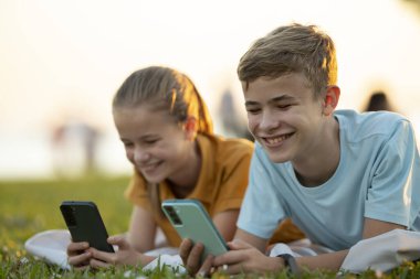 Gençler yaz parkında arkadaşlarıyla cep telefonlarıyla mesajlaşıyorlar.