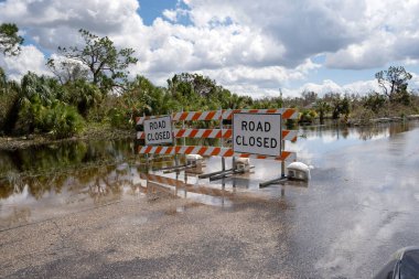 Florida 'da kasırga sonrası caddeyi su basmış. Kapalı levhalar araba sürmeyi engelliyor. Doğal afet konsepti sırasında ulaşımın güvenliği.