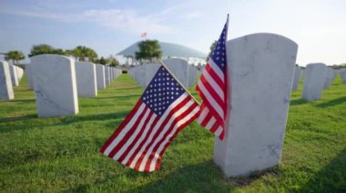 Beyaz mezar taşları ve yeşil çimlerde Amerikan bayrağı olan Amerikan askeri mezarlığı. Anma Günü konsepti