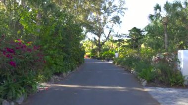 Güneşli Florida 'da Casey Key manzaralı yolda POV sürüyor.