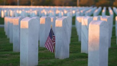 Anma Günü konsepti. Beyaz mezar taşları ve yeşil çimlerin üzerinde Amerikan bayrağı olan Sarasota Ulusal Mezarlığı