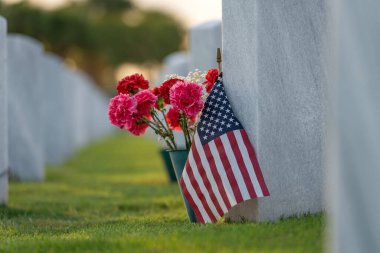 Beyaz mezar taşları, çiçekler ve yeşil çimlerde Amerikan bayrakları olan Amerikan ulusal mezarlığı. Anma Günü konsepti.