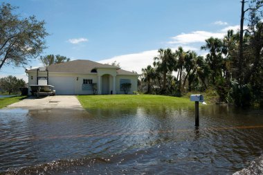 Florida yerleşim bölgesinde kasırga sonrası sokakları sel basmış. Doğal afetin sonuçları..