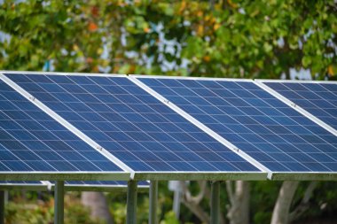 Temiz elektrik enerjisi üretmek için güneş fotovoltaik panelleri olan sürdürülebilir elektrik santrali. Sıfır emisyon kavramı ile yenilenebilir elektrik.