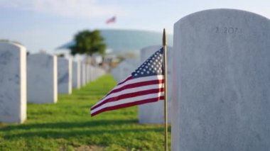 Sarasota Ulusal Mezarlığı 'nda bir sürü beyaz mezar taşı ve yeşil çimlerde Amerikan bayrağı var. Anma Günü konsepti