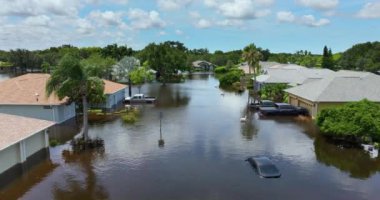 Sarasota, Florida 'da kasırga sonrası sel basmış şehir caddesinde sıkışmış arabalar. Küresel ısınmanın yol açtığı doğal afet sonucu