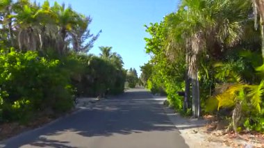 Florida seyahat konsepti. Araba otomobili Casey Key manzaralı yolda tropikal doğa ve zengin sahil evleri ile ilerliyor.