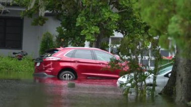 Debby Kasırgası şehir caddesini Florida yerleşim bölgesinde suyun altında kalmış araçlarla doldurdu. Doğal afetin sonuçları..