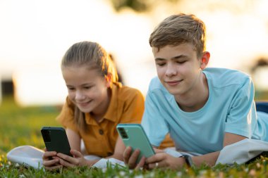 Mutlu ergen kızlar ve oğlanlar yaz parkında cep telefonlarıyla sosyal medyada geziniyorlar.