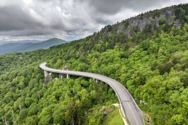 Yaz aylarında yeşil tepe örtüleri olan dağ ormanlarındaki viaduct Köprüsü. Yazın Kuzey Carolina 'da vahşi orman doğasında araba sürmek.