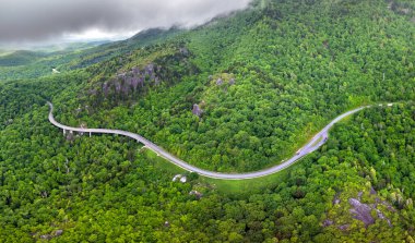 Appalachian dağlarındaki Linn Cove Viyaduct 'ta araba sürerken. Yaz mevsiminde yeşil tepe örtüleri olan dağ ormanlarında dolambaçlı bir yol..