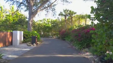 Güneşli Florida 'da Casey Key manzaralı yolda POV sürüyor.