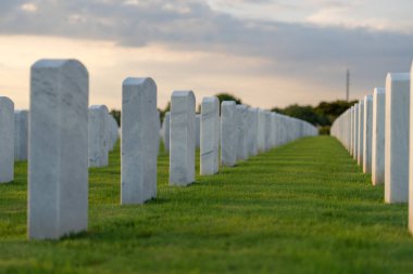 Sarasota Ulusal Mezarlığı 'nda yeşil çimlerin üzerinde bir sürü beyaz mezar taşı var. Anma Günü konsepti.