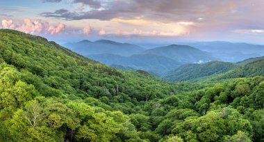 Kuzey Carolina Appalachian dağlarında yaz mevsiminde parlak gün doğumu. Güzel doğanın yaz manzarası.