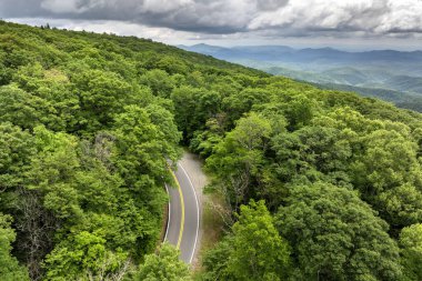 Kuzey Carolina Appalachian dağlarındaki orman yolu, ABD. Blue Ridge Parkway Amerikan otoyolu yaz yağmuru mevsiminde.