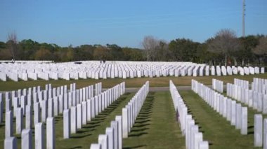 Amerikan askeri mezarlığı. Yeşil çimlerin üzerinde beyaz mezar taşları var. Anma Günü konsepti