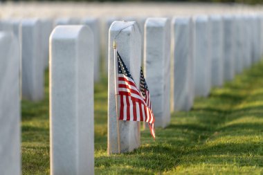 Beyaz mezar taşları ve yeşil çimlerin üzerinde Amerikan bayrağı olan Amerikan ulusal mezarlığı. Anma Günü konsepti.