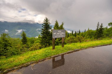 Kuzey Carolina Appalachian dağlarındaki Blue Ridge Parkway 'de araba yolculuğu. Mitchell Dağı Overlook yaz mevsiminde gün batımında. Güzel doğanın yaz manzarası.