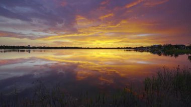 Florida sulak arazisinin akşam manzarası. Güney tropikal bataklıkta gün batımında göl suyu.